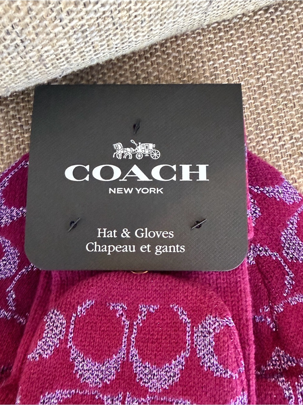 NWT - COACH Women's Deep Plum Metallic Signature C Beanie Hat & Gloves Set - Picture 5 of 8
